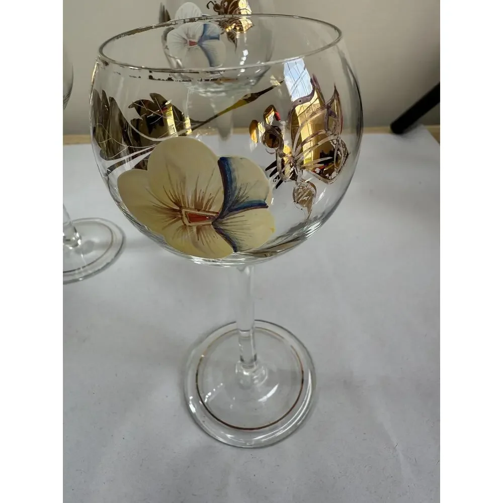 Vintage Bohemian Glass Decanter Set | Gold Gilt Pansy Butterfly Barware